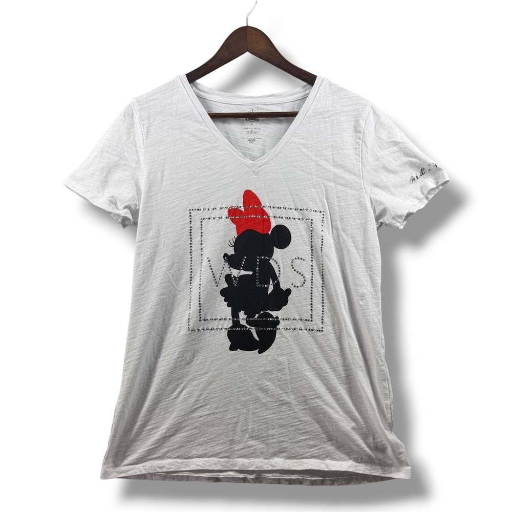 Disney Minnie Mouse Rhinestone Graphic V-Neck T-Shirt White XL